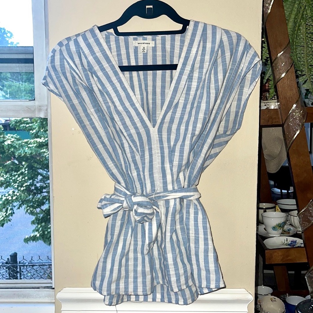 Tie-Front White & Blue Striped Blouse